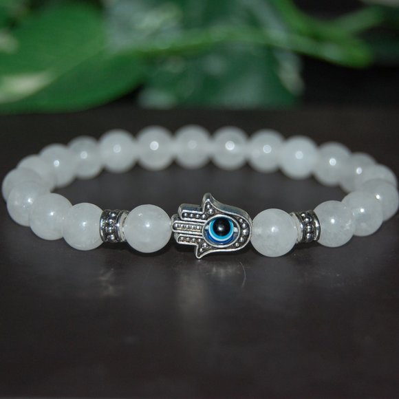 Hamsa Hand Bracelet,White Jade Bracelet,Hamsa White Jade Bracelet,8mm Be… - Picture 1 of 3